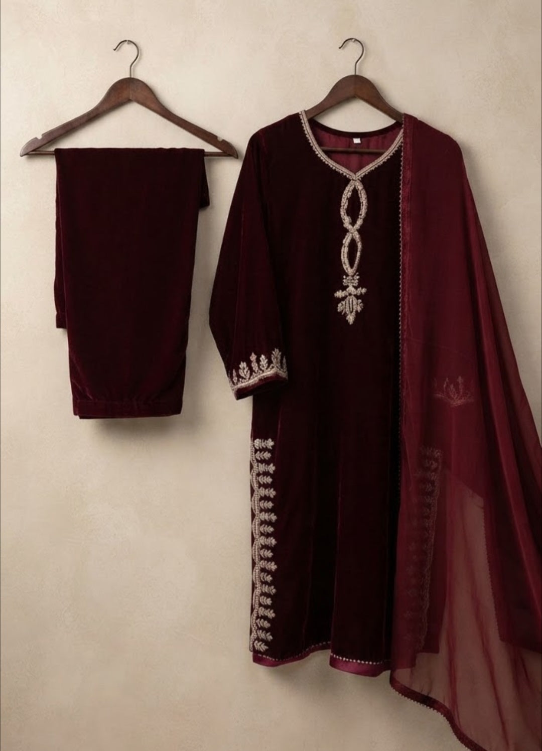 Embroidered three piece: Microvelvet
