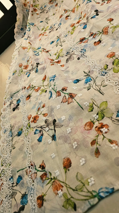 Printed lawn chikan embroidered shawl