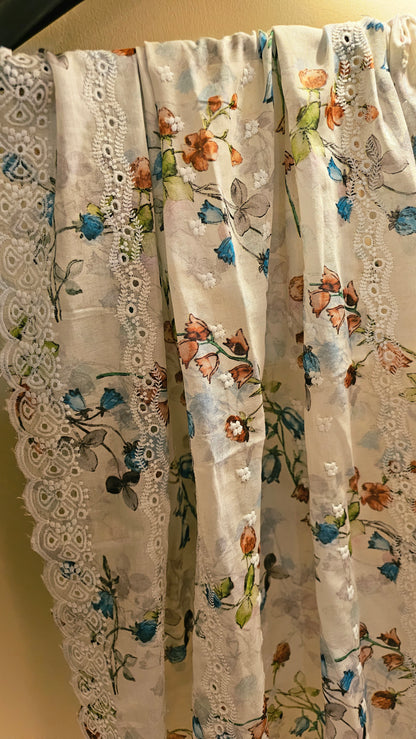 Printed lawn chikan embroidered shawl