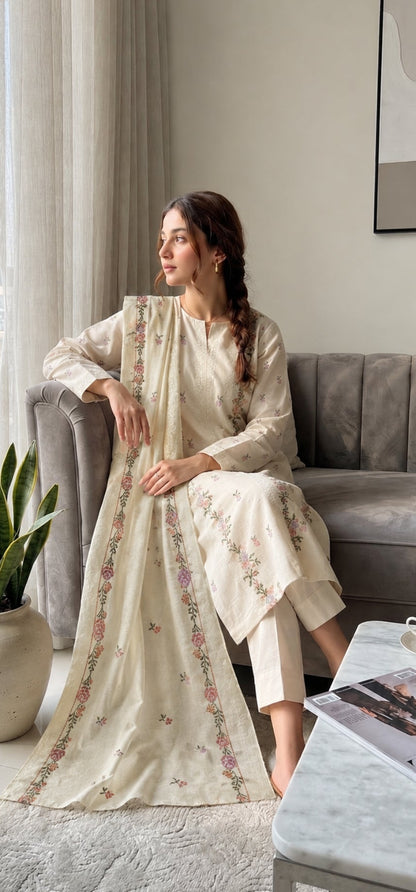 Embroidered three piece: karandi khaddar