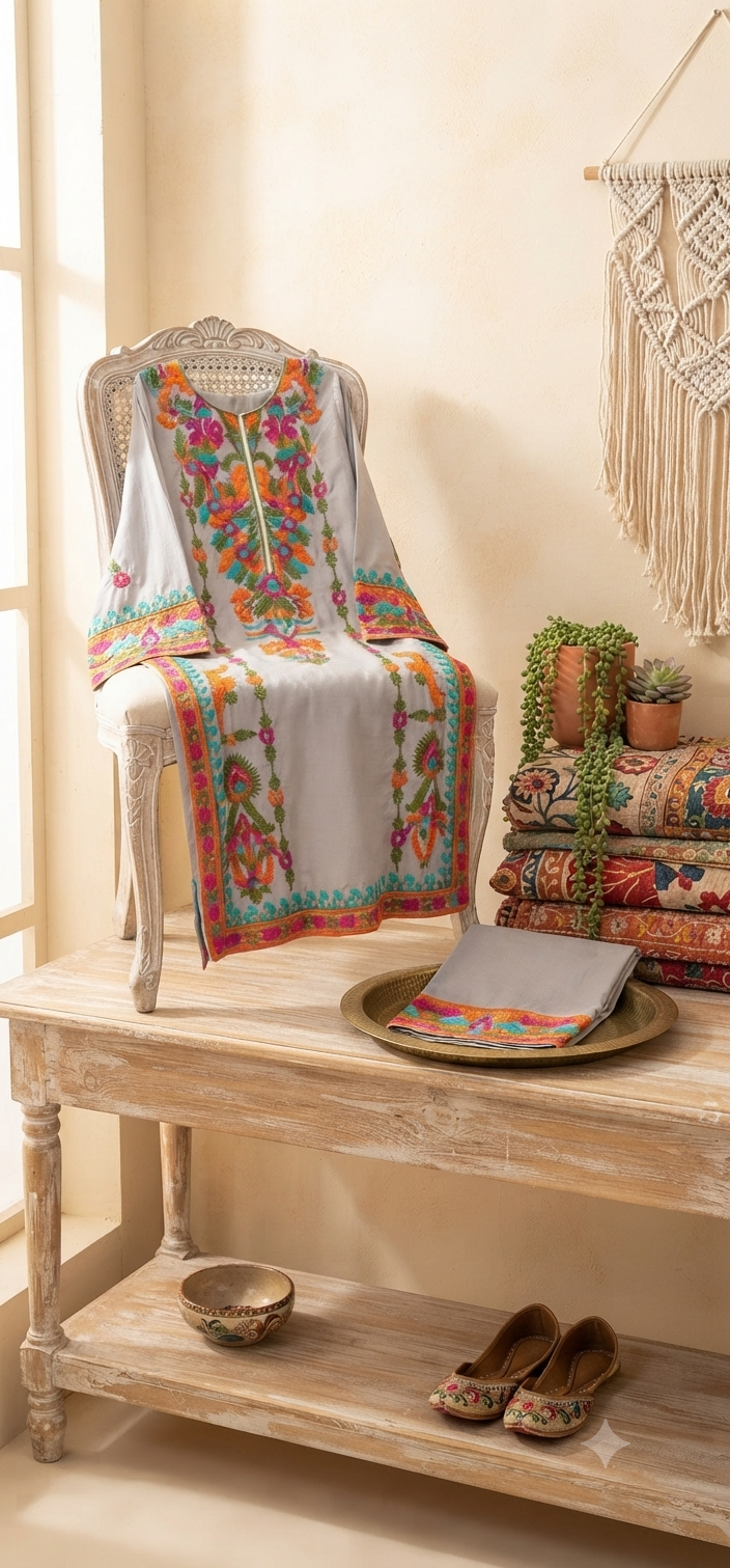 Embroidered kurta trouser: linen