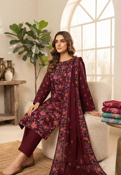Embroidered three piece: Karandi khaddar