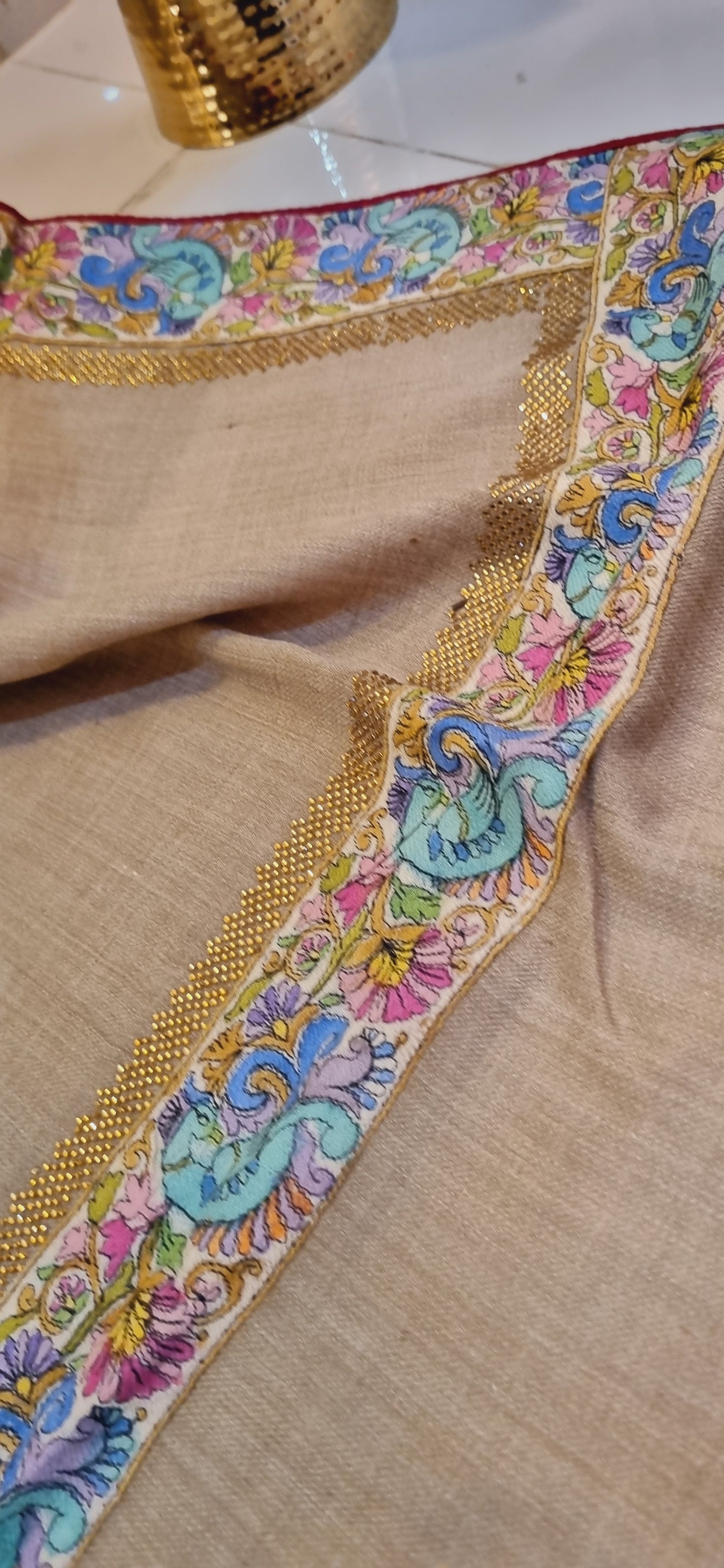 Pashmina with kalamkar and swarovski border