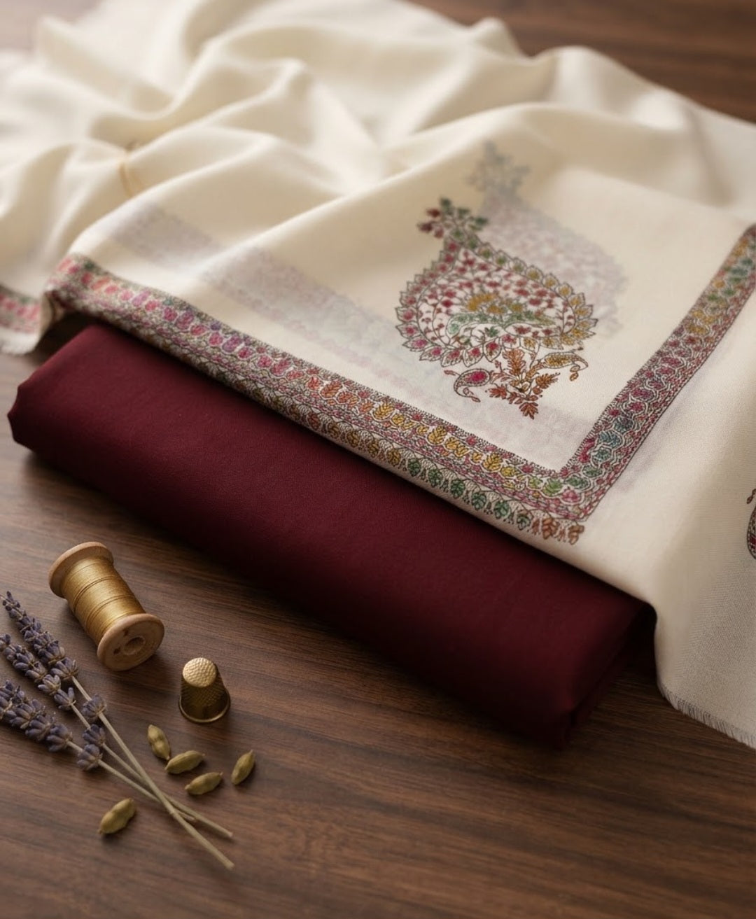 Embroidered three piece: woollen pashmina