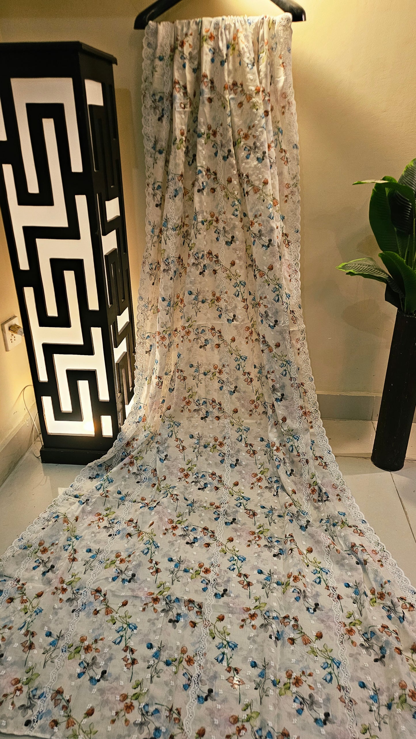Printed lawn chikan embroidered shawl