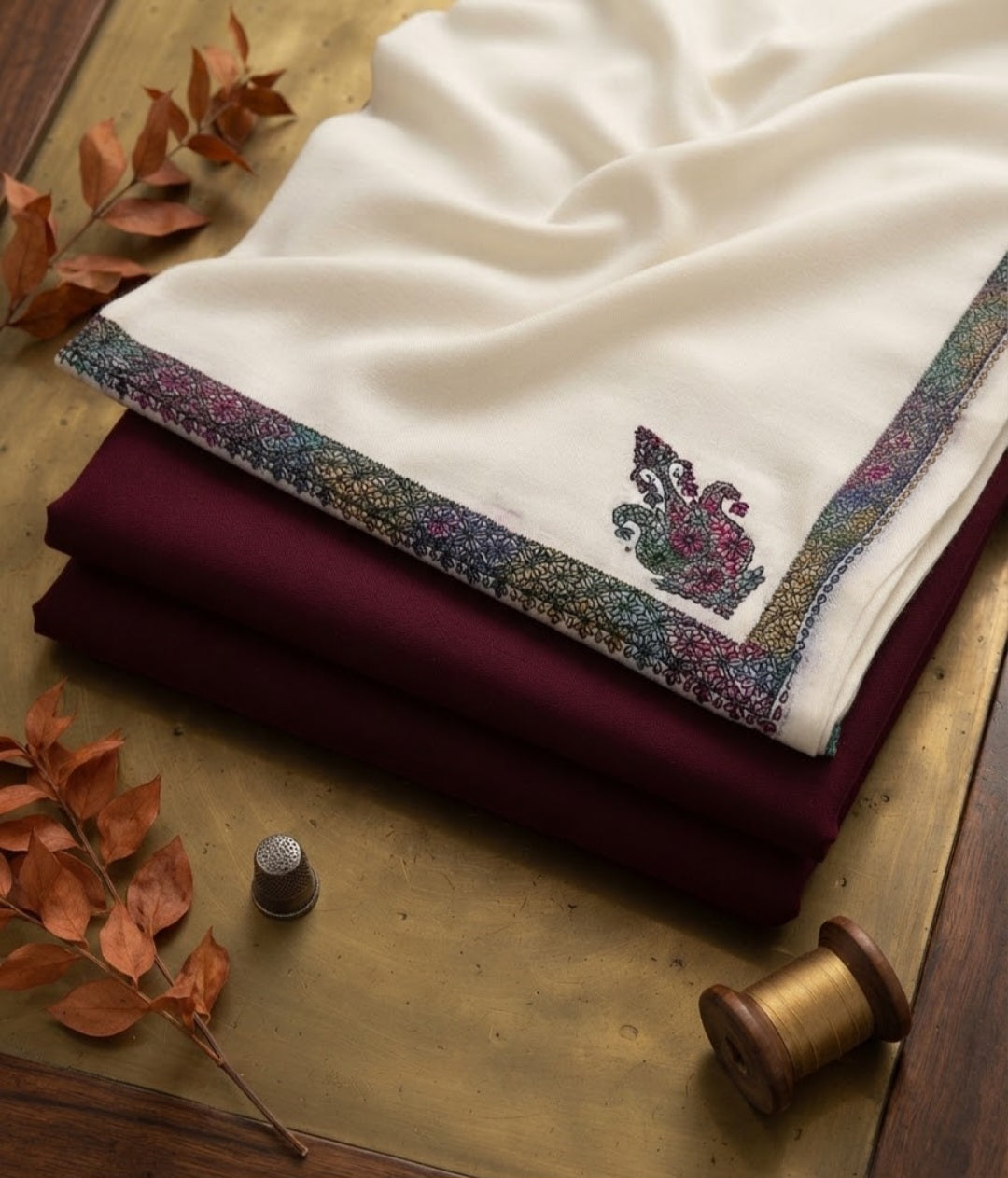Embroidered three piece: woollen pashmina