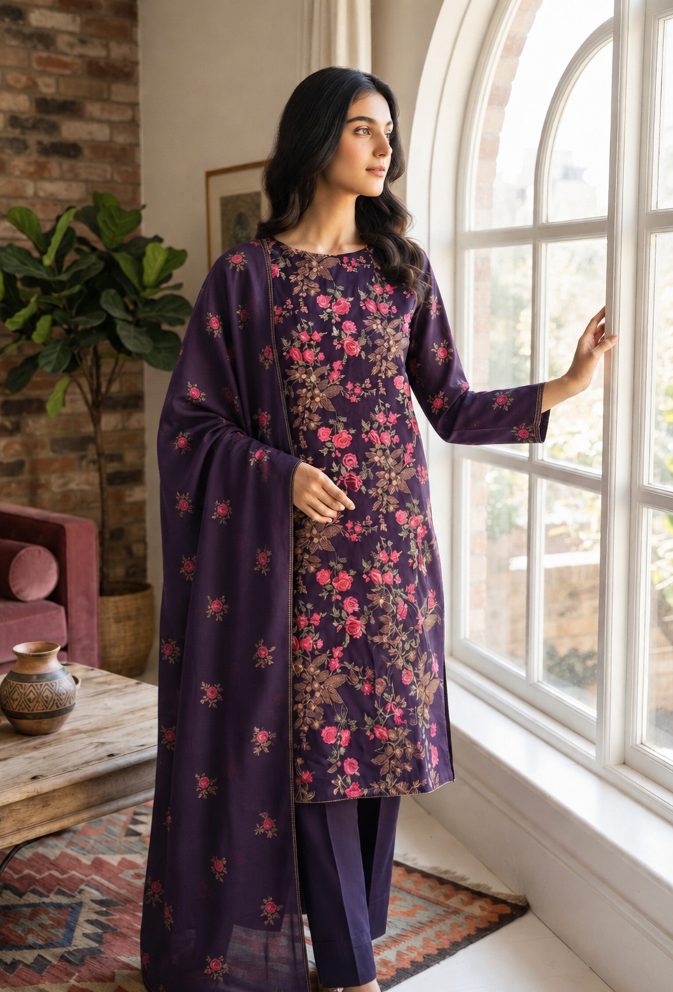 Embbroidered three piece: Karandi khaddar