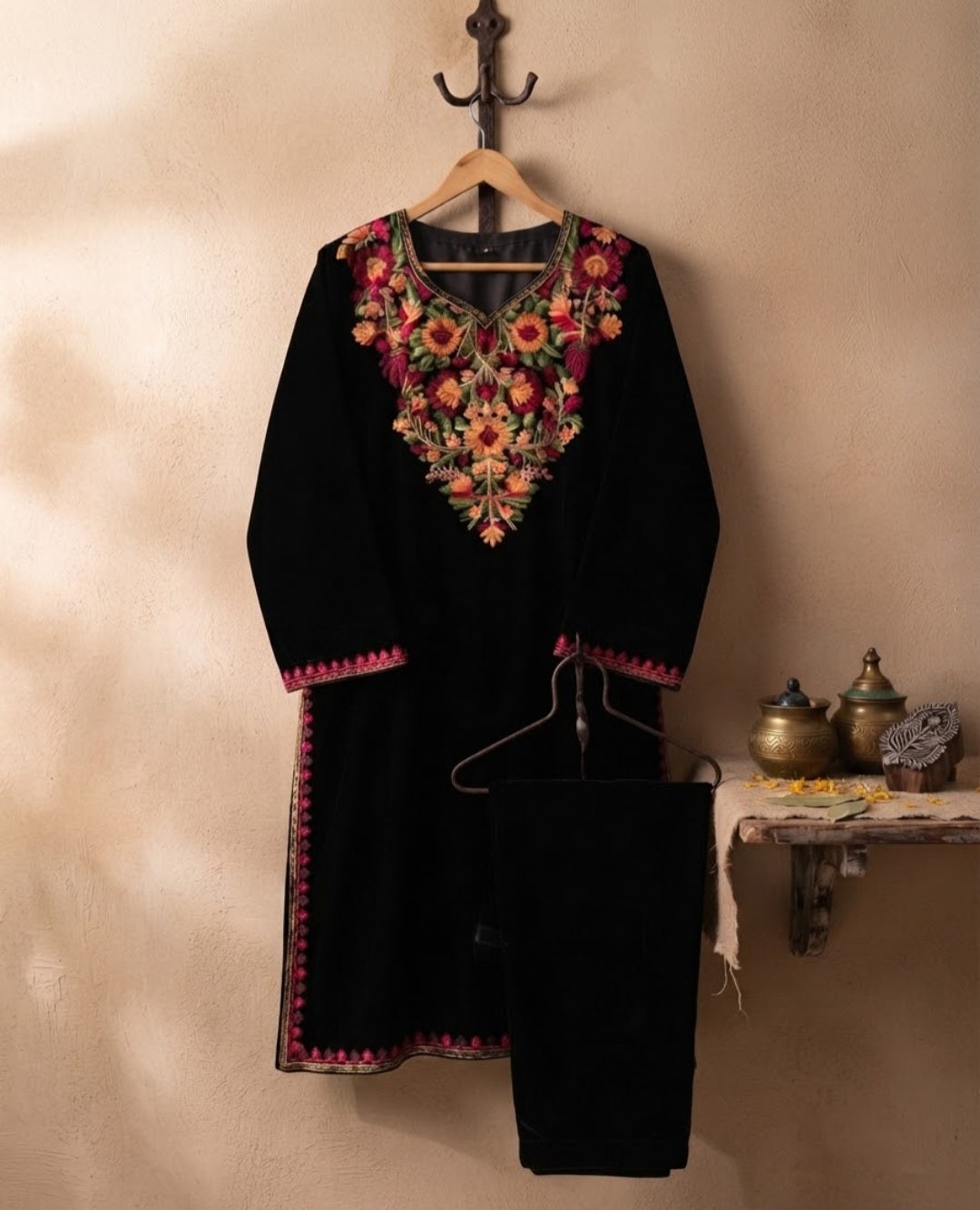 Embroidered phiran trouser: velvet