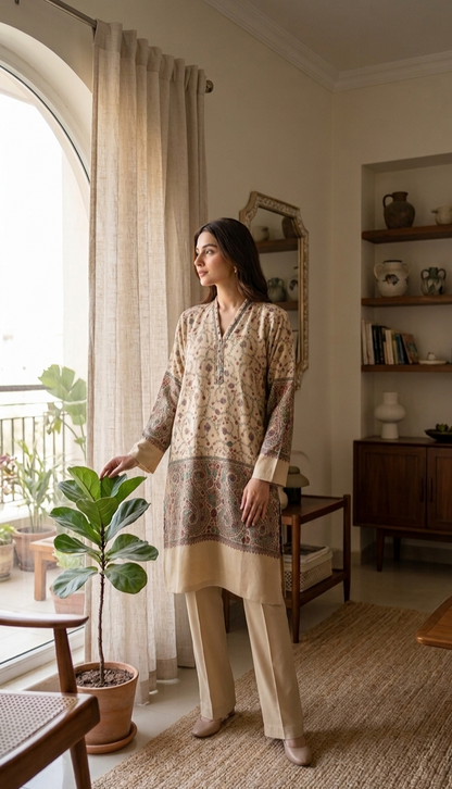 Hand embroidered two piece: woollen pashmina