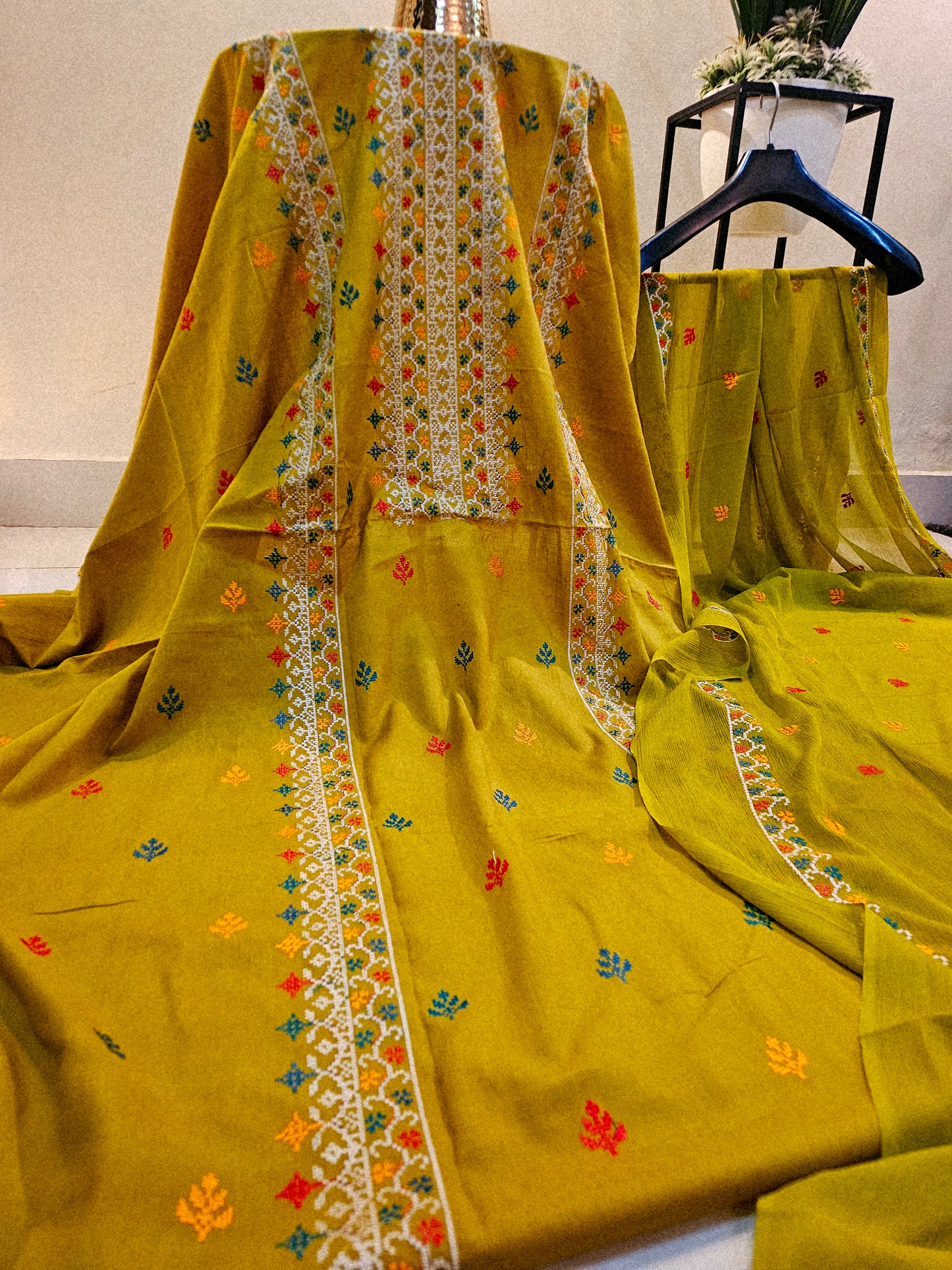 Lawn embroidered three piece suit