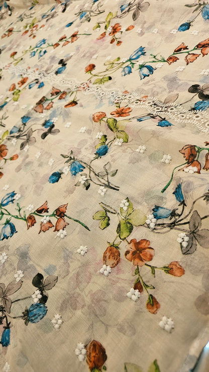 Printed lawn chikan embroidered shawl