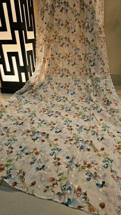 Printed lawn chikan embroidered shawl