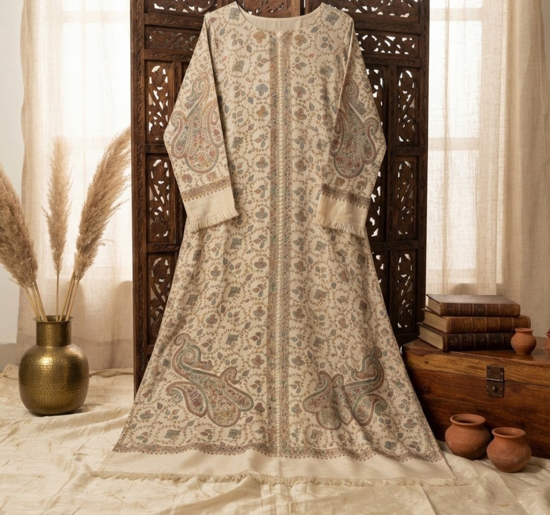 Hand embroidered kaftan: woollen pashmina