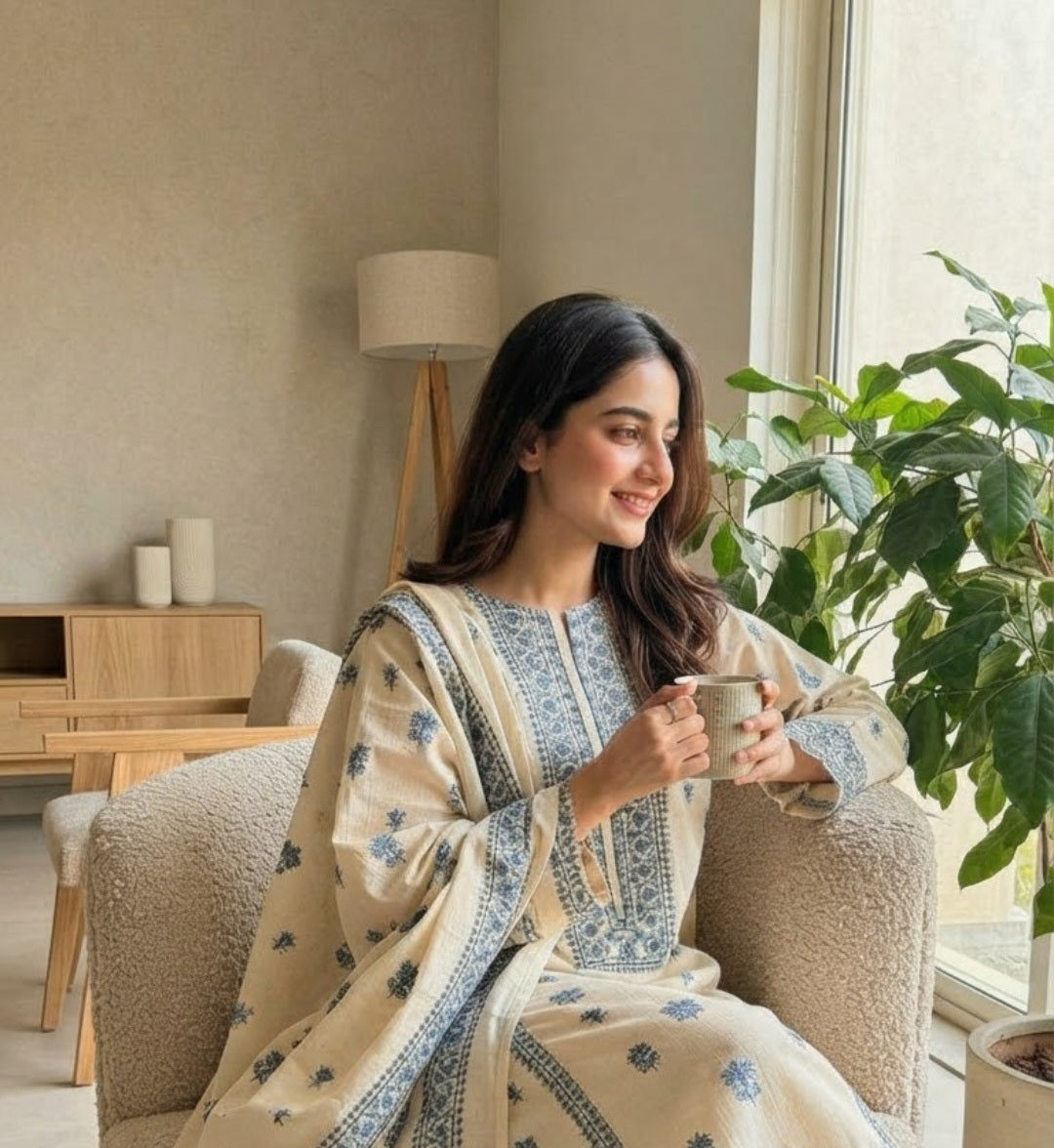 Embroidered three piece: Karandi khaddar
