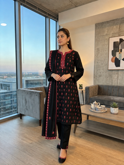 Embroidered suit: Karandi khaddar