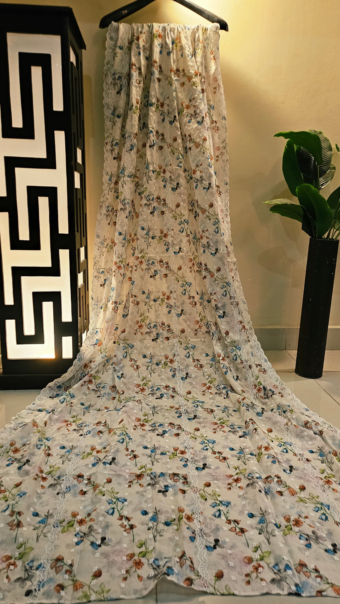 Printed lawn chikan embroidered shawl