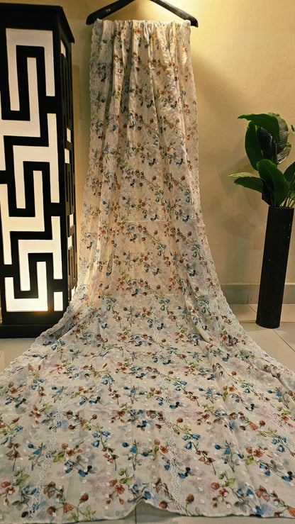 Printed lawn chikan embroidered shawl